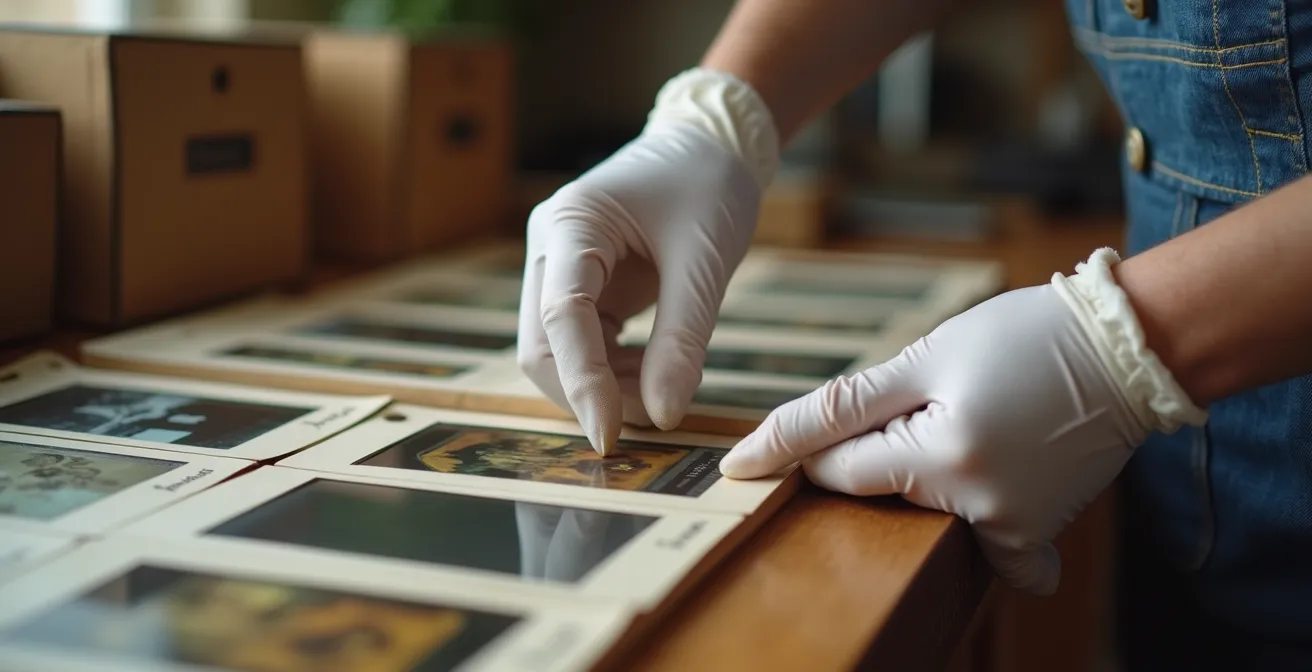 Mains expertes manipulant délicatement des diapositives anciennes