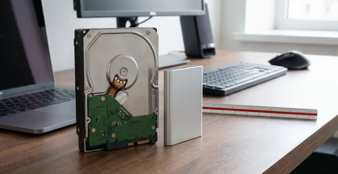 Disque dur HDD 3,5 pouces et SSD externe 2,5 pouces posés sur un bureau professionnel, comparaison de taille